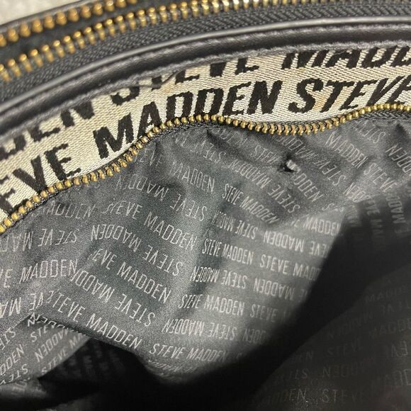 Steve Madden canvas black &white logo small backpack  black faux leather trims